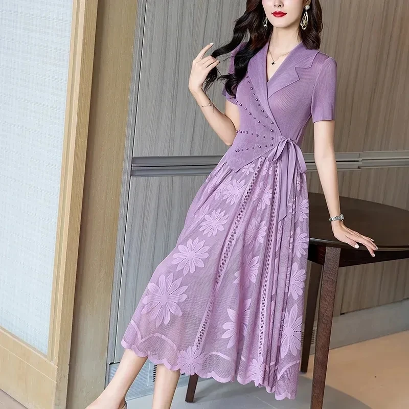 

Mesh Fashion Dress Nsummer Ladies Fake Two Pieces Embroidery Waist Slim Comfortable Leisure Slim Printed V-Neck Long Skirt