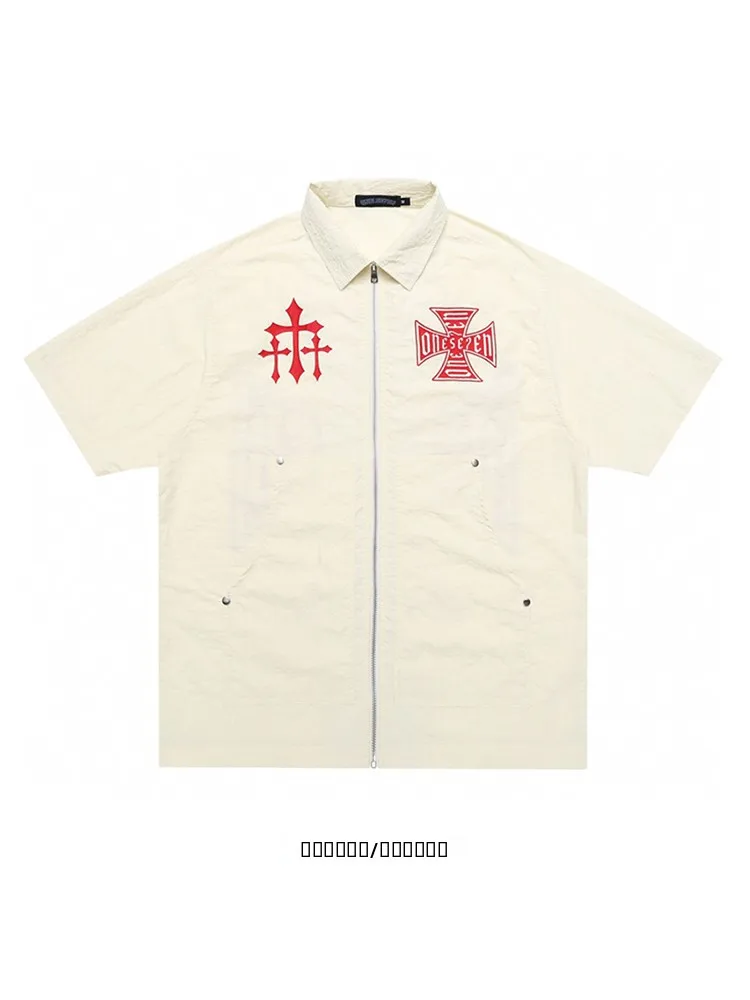 

from Japanese High Street Style Zipper Short Sleeve Shirt Loose Fit Unisex Summer Casual Shirt Youth Fashion Trend