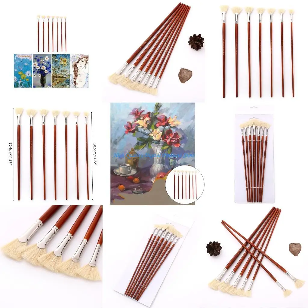 

U2JE 7-Pieces Fan Paint Brushes Set, Professional Artist Fan Brush Acrylic Paint Brushes with Bristle Hair Long Handle