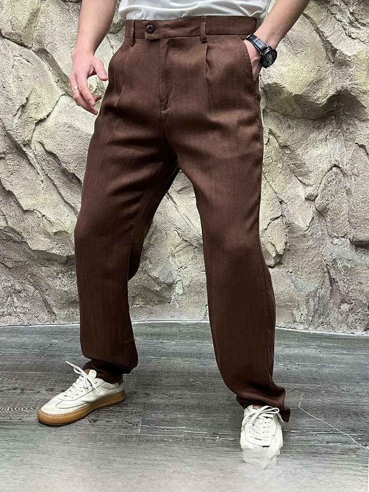 

High-End ! Summer Men's Faion Casual Pants Cool Sensation Linen Silk Twill Straight Leg Zipper mid Waist Long Trou...