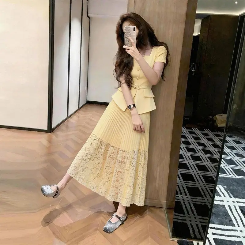 New Fashion High Quality Summer Women's Suit Square Collar Short Sleeve Slim Shirt Top + Lace Patchwork Skirt Two Piece Set