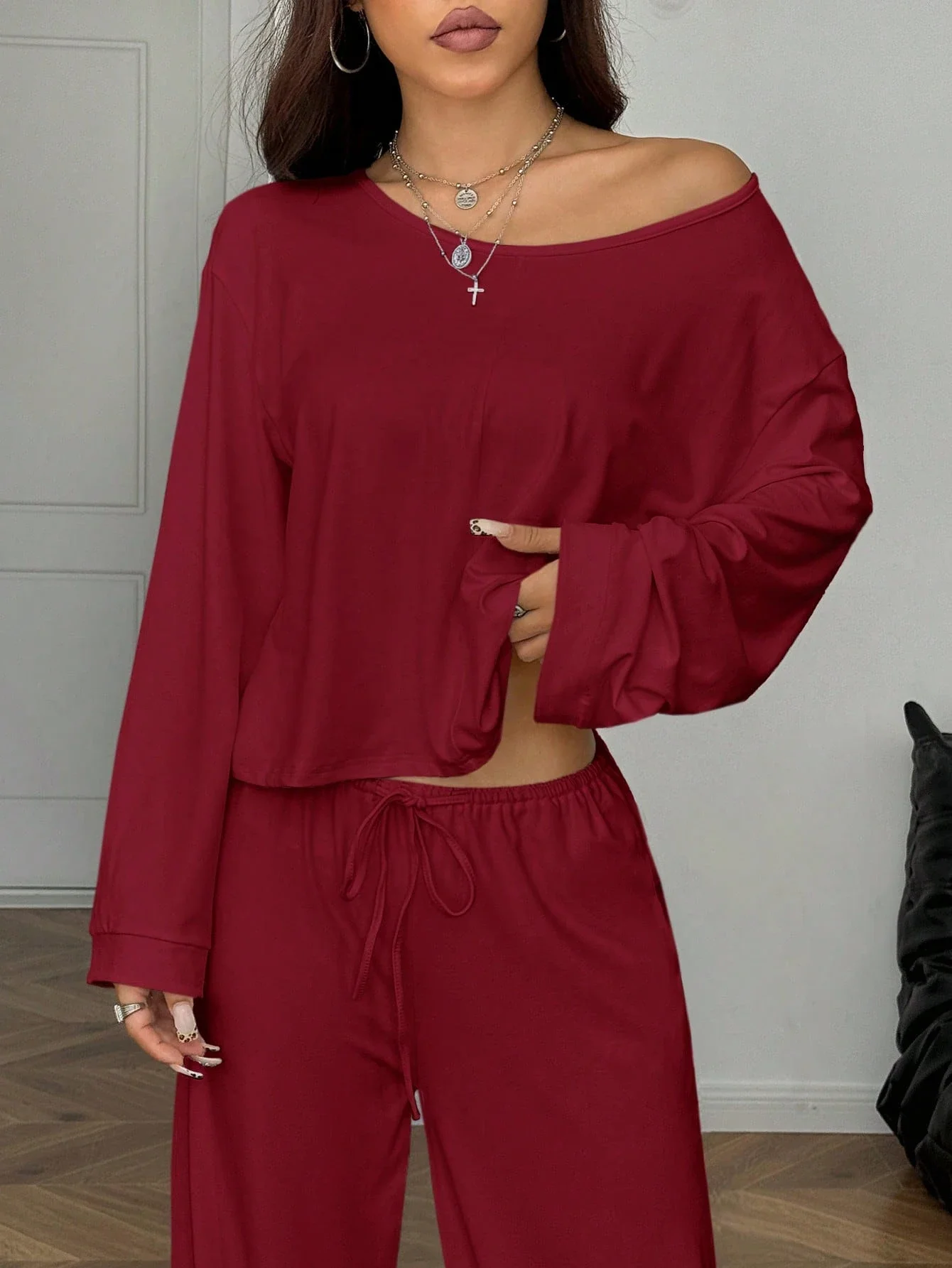 

Women Casual Solid Color Off Shoulder Long Sleeve Top And Wide Leg Pants Set