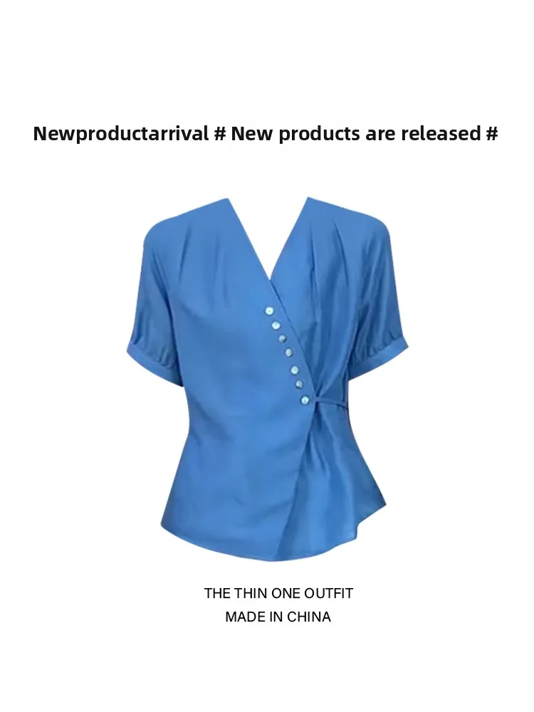 

Dopne Design Elegance Lightweight Luxury Asymmetrical V-ne ort Sve irt Waist Cinch Tie Top Women's Faion