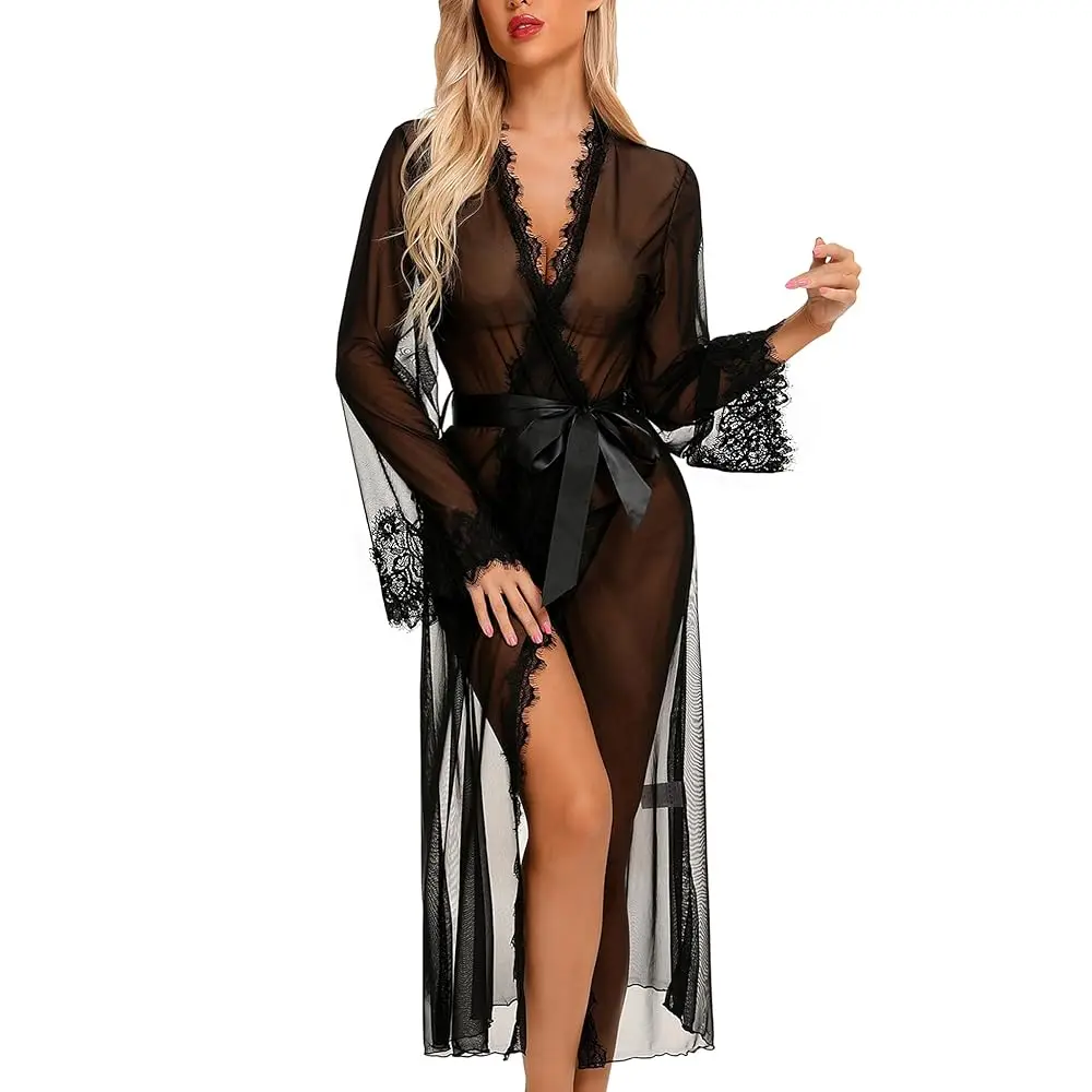 Lingerie for Women Sexy Long Lace Kimono Robe Mesh Chemise Lace Gown Swimsuit Cover Up
