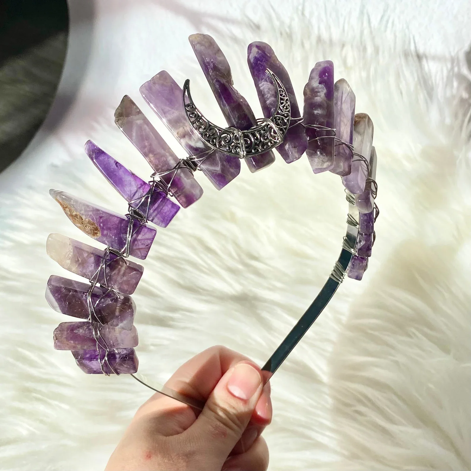 Dream Amethyst Crystal with Moon Goth Wedding Tiara Fairy Crown Bridal Festival Rave Outfit Renaissance Faires Elf Hair Ge