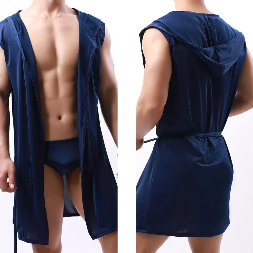 Men's Robes Summer Bathrobe Silky Hooded Sleeveless Bathrobe Sleepwear Pajamas Home Clothes