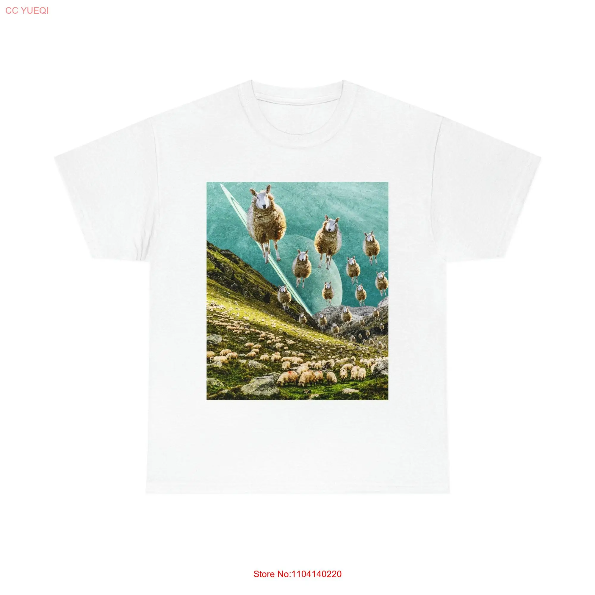 Heavy Cotton T Shirt Cosmic Flying Sheep Funny Art Collage Artwork Surreal Aesthetic Digital Modern