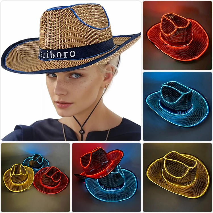 Summer Straw Hat for Sun Protection   Women Men Beach Cap Cool LED Light Western Cowboy Hat for Glow Party Wireless Glowing  Hat