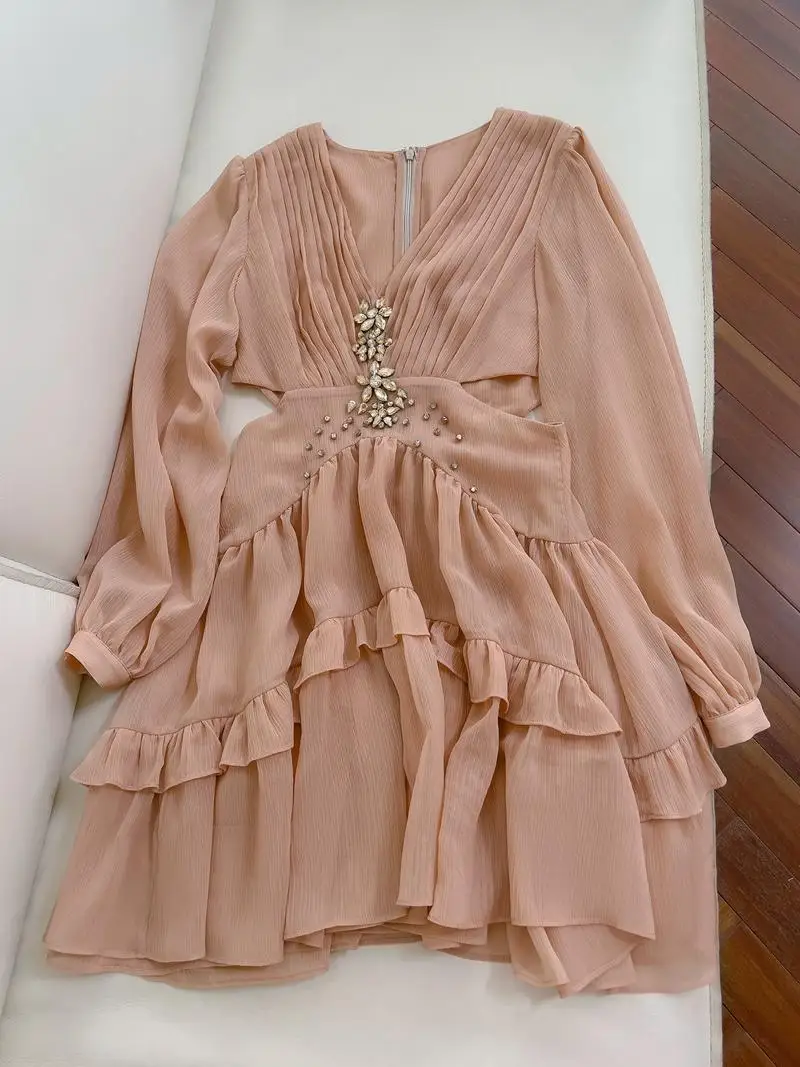 Ele A-Line Midi Dr Sand Beach V-Ne Tassel Long Sve Women's Hollow out Waist-Cinch Drill Rhinestone Charming Celeb...