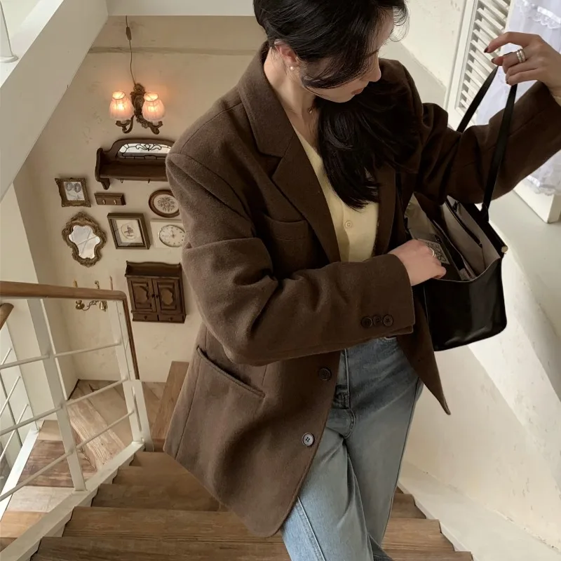 Jaet de lã feminino casual único botão notch colarinho solto ajuste vintage sle commute faion thi outono longo sve