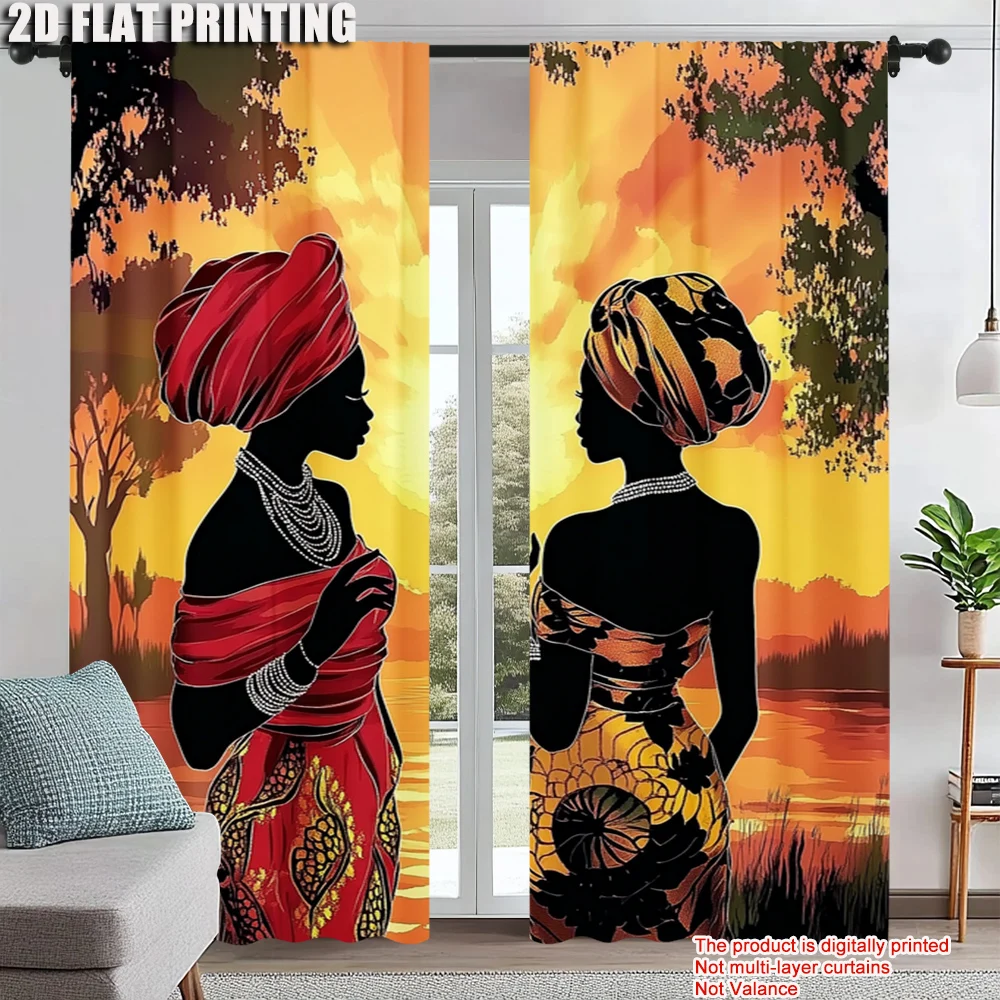 

2Pcs African Window Curtains For Bedroom And Living Room Polyester Material Rod Pocket Design Decorative Window Drapes Home