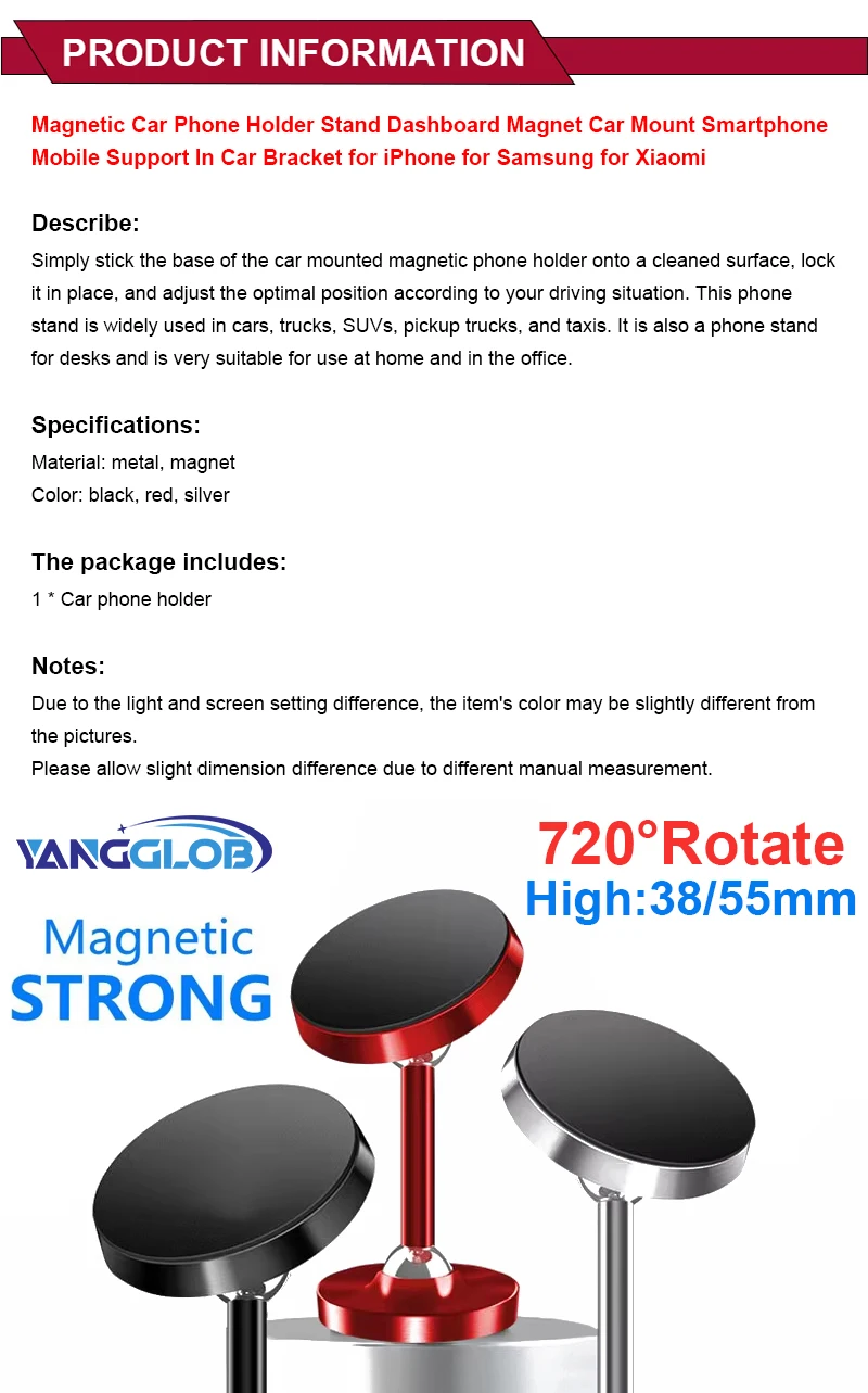 YANGGLOB ° Rotation Dual Axis Legierung magnetische Autohalterung Doppelkugel magnetischer Telefonhalter für jedes Modell Telefon – Detail 2