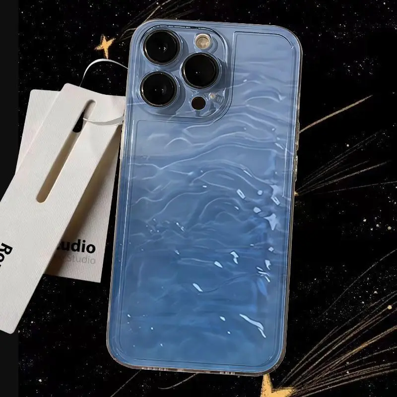 透明な漫画の青い水模様のiPhone 16 15 14 13 12 11 PROMAX XS XR 7 8 Plus用耐衝撃スマホケースカバー