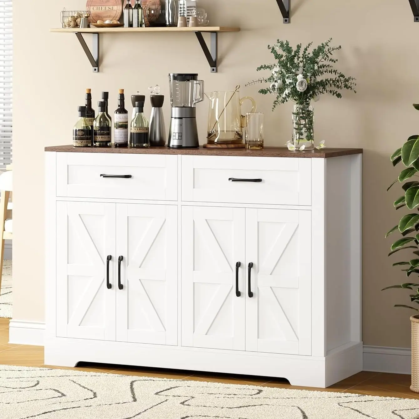 47.2' Farmhouse Buffet Cabinet with Drawers & Shelves, Rustic White Kitchen Sideboard for Living Room, Entryway