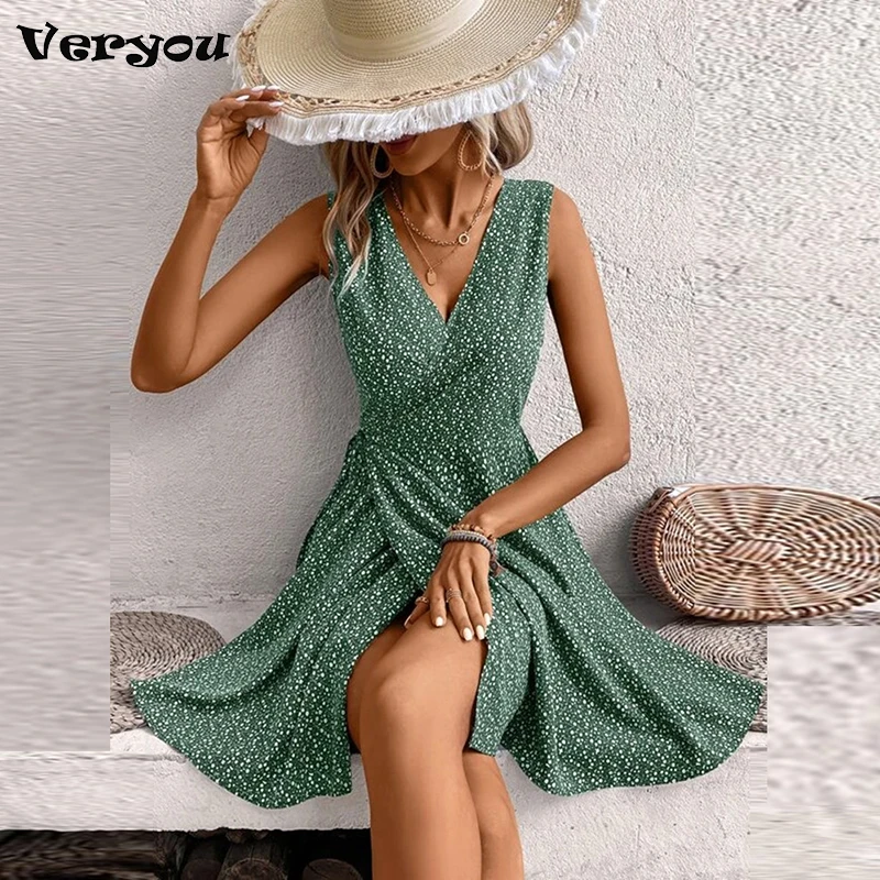 

Vestido Sexy V-neck Split For Women Dress Casual Fashion Floral Print Summer Baech Holiday Dress Lady Elegant Sleeveless Dresses