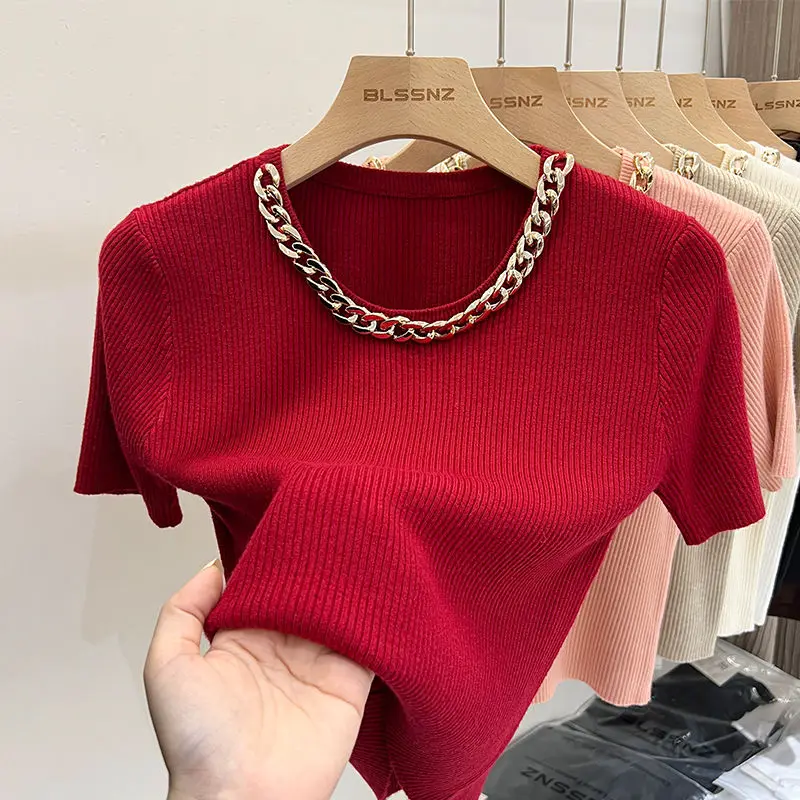 Shirts for Women High End Short Sleeve Knitted T-Shirt 2024 Summer French Office Lady Style Tops Femme Chic Chain Neck Tees