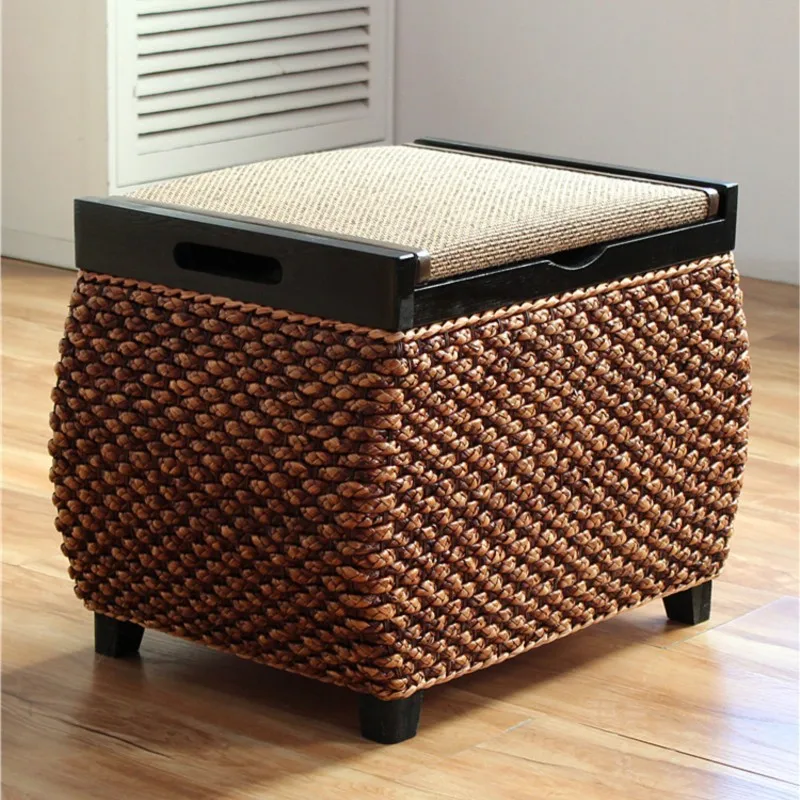 MOMO Rattan Storage Stool Storage Stool Solid Wood Storage Box Shoes Stool Household Can Sit Sofa Stool Doorway Shoe Bench