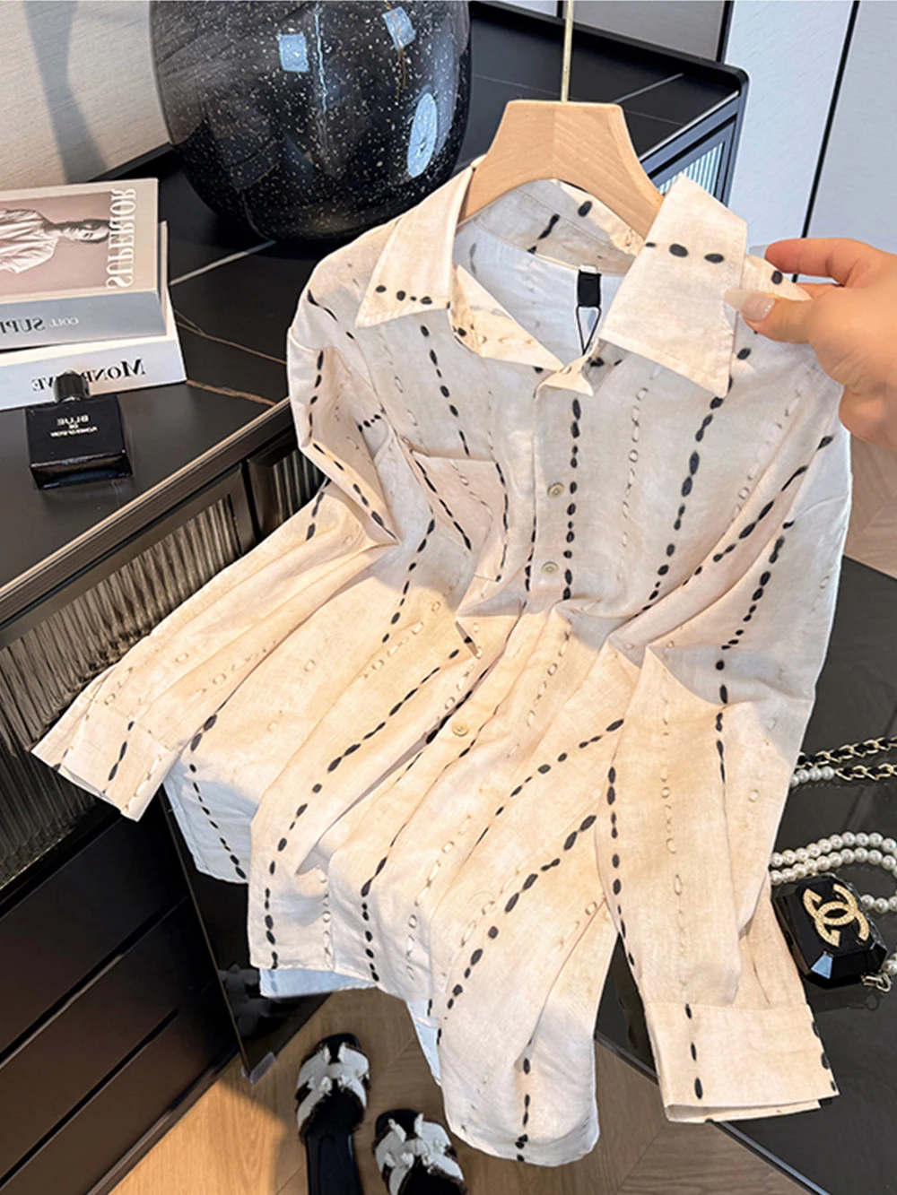 

Casual Loose Long Sve irt Vintage Waterdrop Stripe Pattern Turn-down Collar Men's Faionable Korean Sle Autumn irt