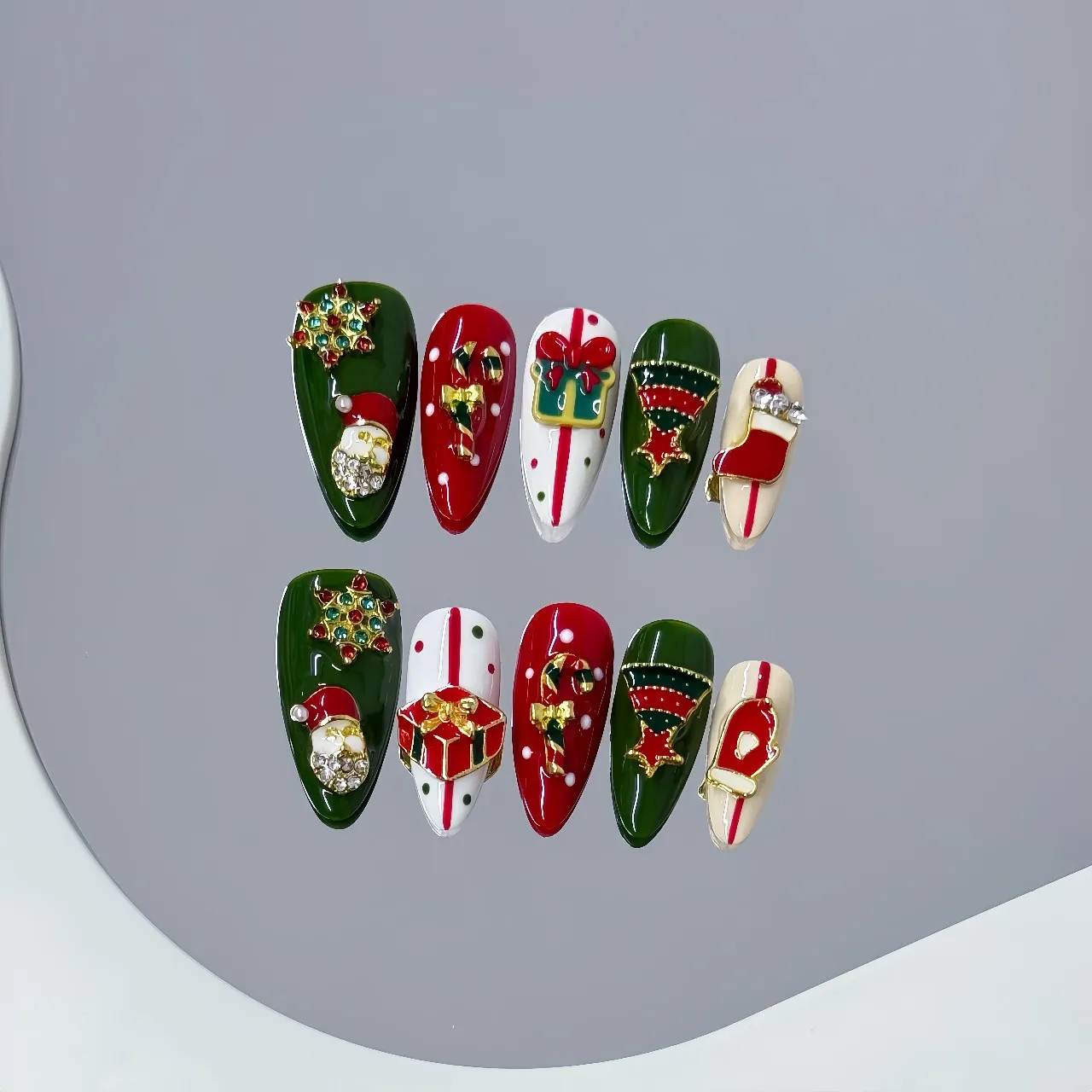 10Pcs Christmas 3D Charm Handmade Press on Nails Santa Gift Box Candy Cane Xmas Tree Sock Fake Nail Almond False Nail for Women