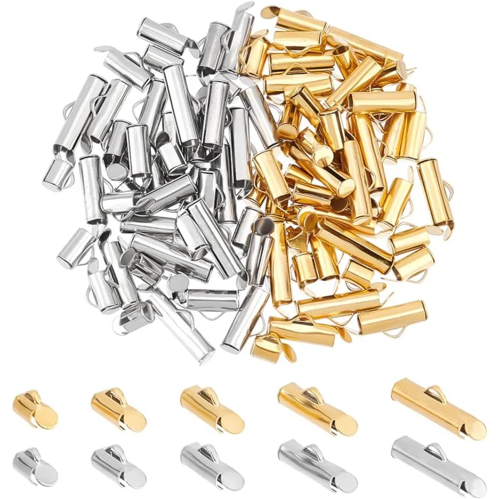 

100 Pcs 5 Sizes 2 Colors Stainless Steel Slide On End Clasp Tubes Slider End Caps Crimp End Tube Slider Clasp for Seed Beads