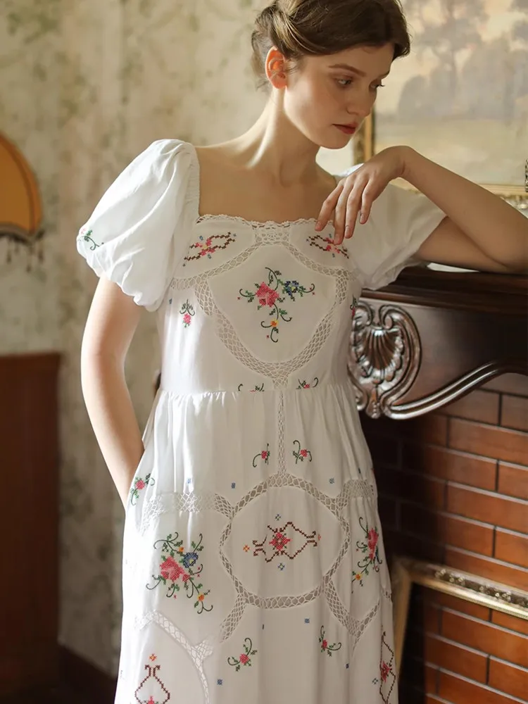 84-94cm Bust Summer White Dress For Women Antique Handmade Cross Hook Flower Embroidery Limited Edition Elegant Birthday Dress