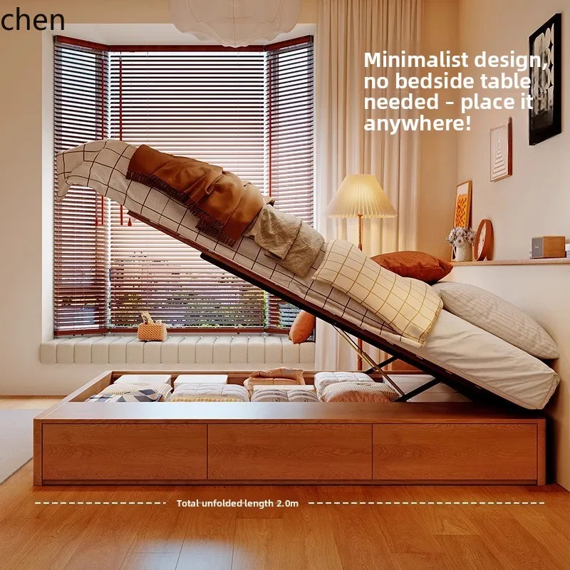 HT Original Wood Style Mountain Thought High Box Storage Double Modern Simple Master Bedroom Storage Three-Drawer Solid Wood Bed