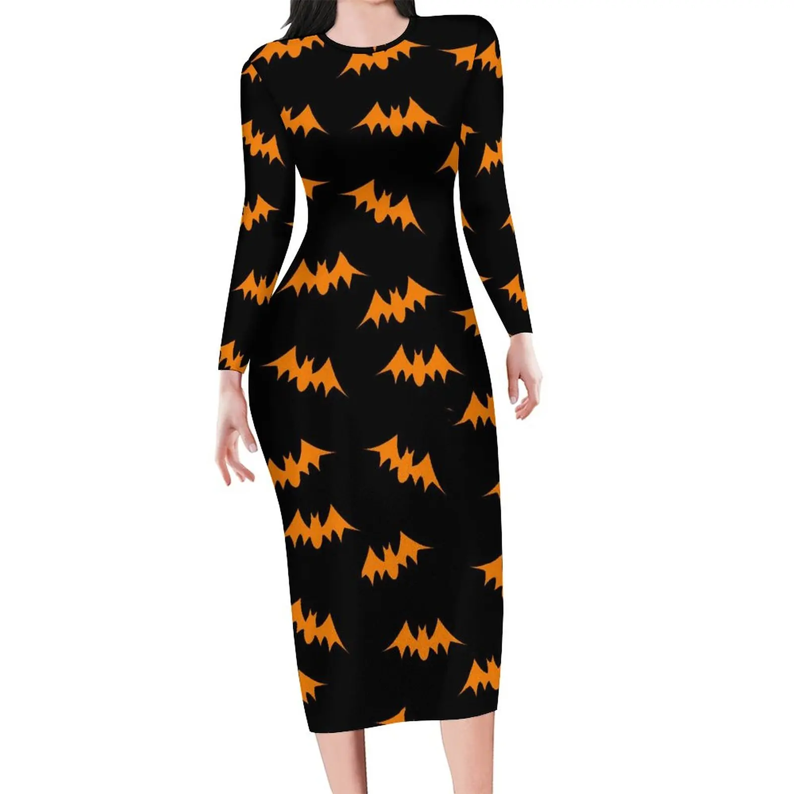 Vestido ajustado de murciélago naranja para mujer, vestidos sexys con estampado de Halloween, vestido de vacaciones de manga larga con patrón de estilo callejero de talla grande