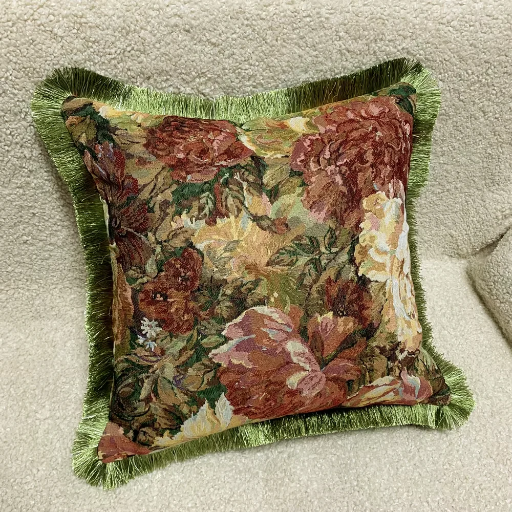 Vintage Woven Painting Florals Sofa Chair Green Fringe Cushion Cover Home Window Interior Decorative Pillow Case 45X45 Cm