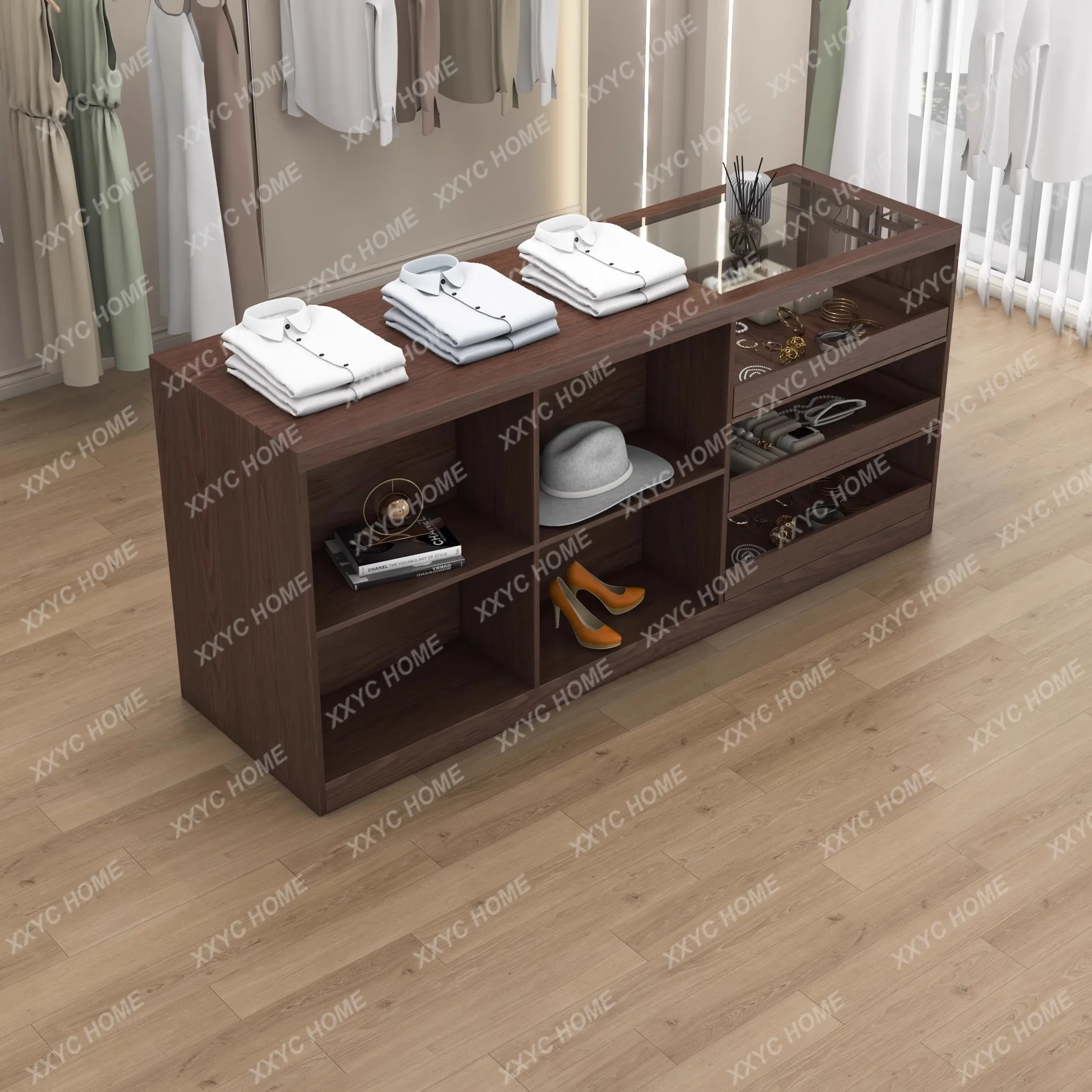 Clothing store Nakajima display, jewelry display case with glass ornaments, running water table