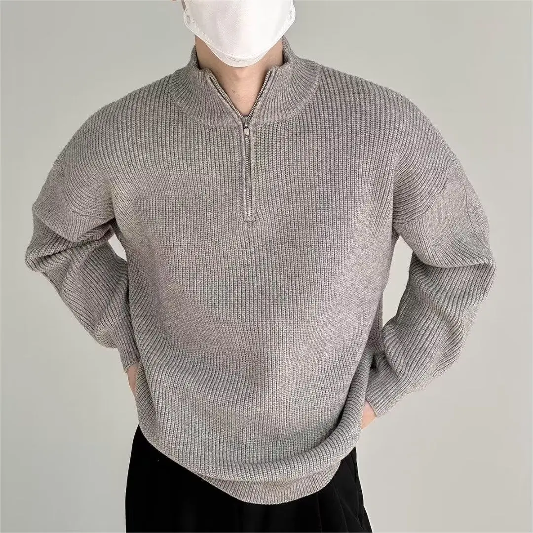 

Fall 2025 Men's Versatile f-Zip High-Ne Sweater Simple Knitted Pure Color Lazy Sle Outerwear Casual Polyester Fiber