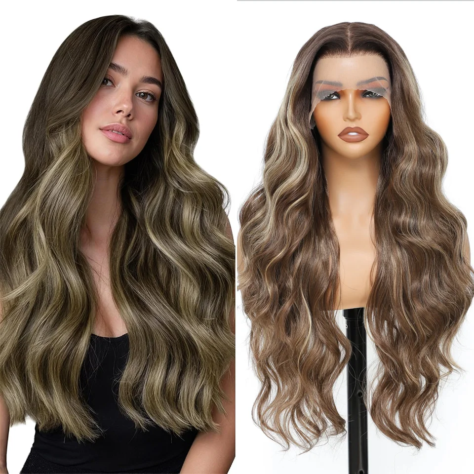 

13x4 Body Wave Transparent Lace Front Wig Ombre Color Loose Wave Synthetic Hair Wig High Temperature Fiber Wigs For Cosplay