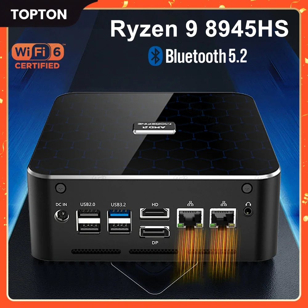 Mini komputer do gier i Ryzen 9 8945HS komputery stacjonarne z systemem Windows 11 pro Radeon 780M grafiki, 2.5Gbps LAN, HDMI 2.1, 8K USB 4.0