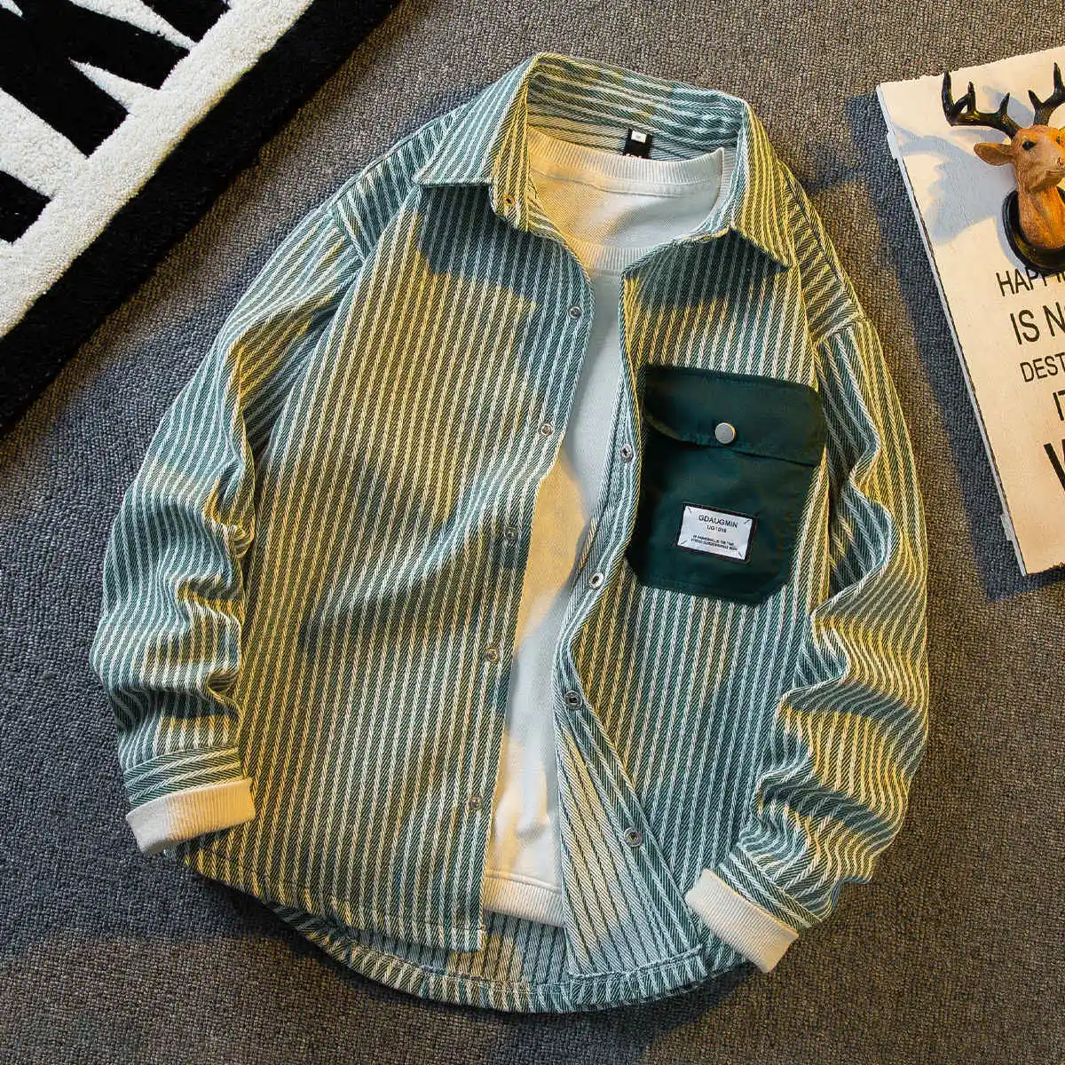 

Trendy men's spring design sense striped ruffled handsome men's shirt long sleeved 2024 trendy men's casual shirt jacket