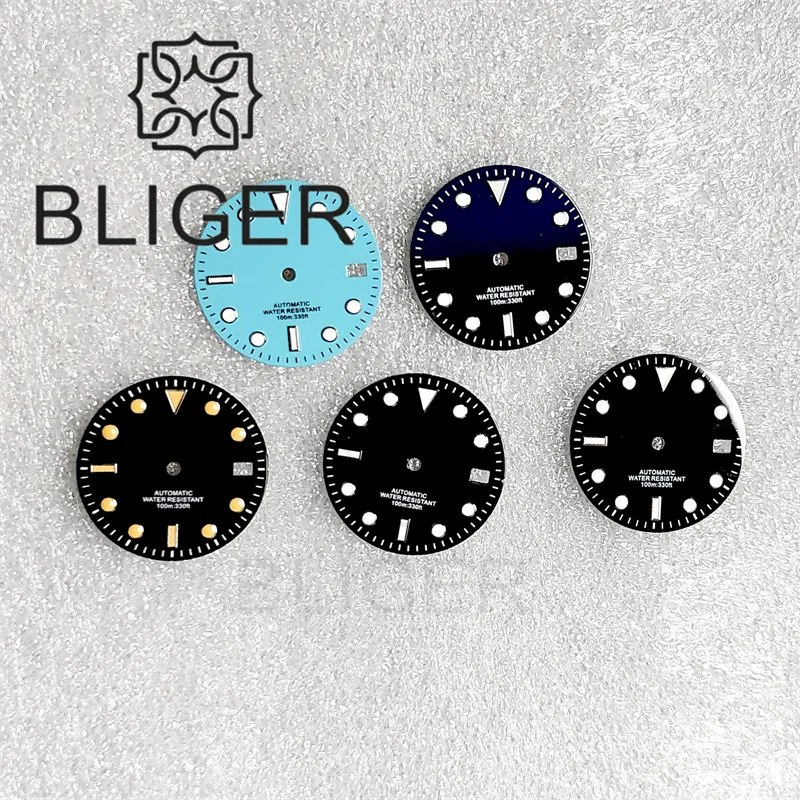 BLIGER 29mm Sunburst/Matte/Glossy 3.0 Crown Watch Dial Black Pink Red Dial Blue/Green Luminous Fit NH35 Movement Date Window