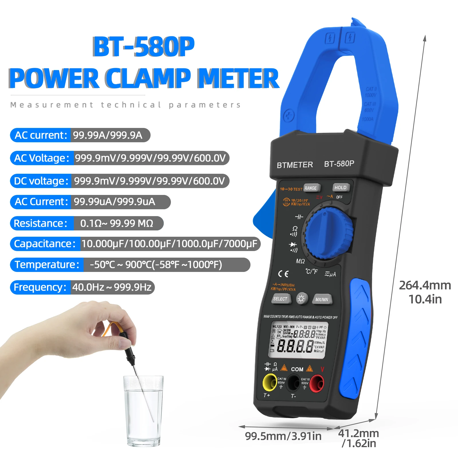 BT-580P Three-Phase  Clamp Meter 9999 Display Power Tester Meter In-Rush Current,True RMS,ACV,ACA,KW,KVA,for HVAC