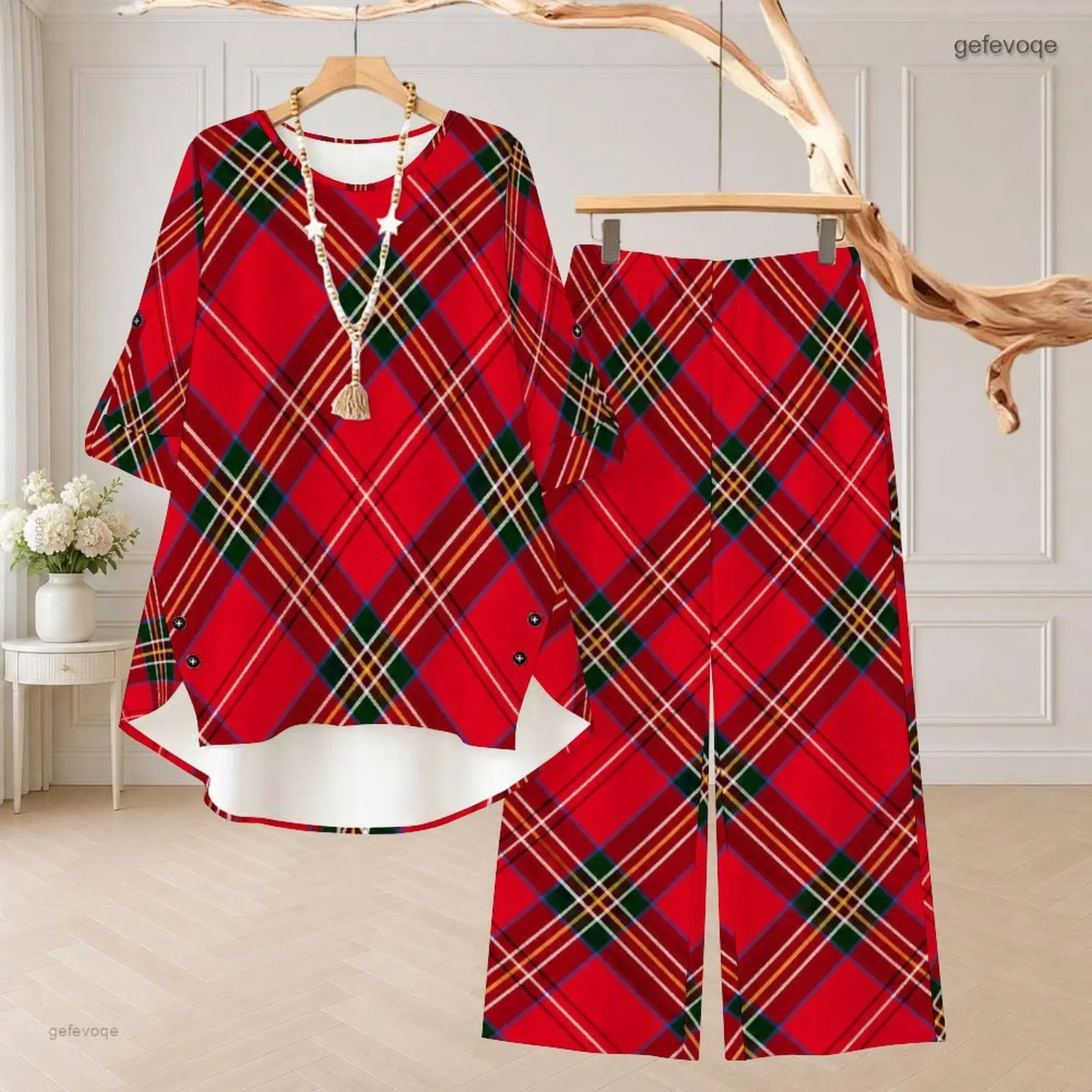 Women Red Diagonal Tartan Plaid Printed Round Neck 3/4 Sleeve Top And Wide Leg Pants Two Piece Pants Set