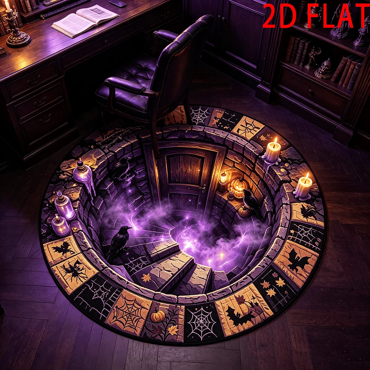 Round Halloween 3D Pit Visual Area Rug, Dark Magic Door Raven Candle Purple Mist Spiral Stair Print Floor Rug