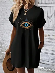 Women's Black dress Summer Loose Print Round Neck Short Sleeve Pocket Comfortable Casual Plus Size Dress