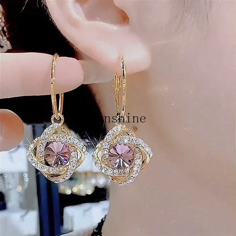 Premium Earrings Purple Crystal Flower Full Diamond Earrings Femininity