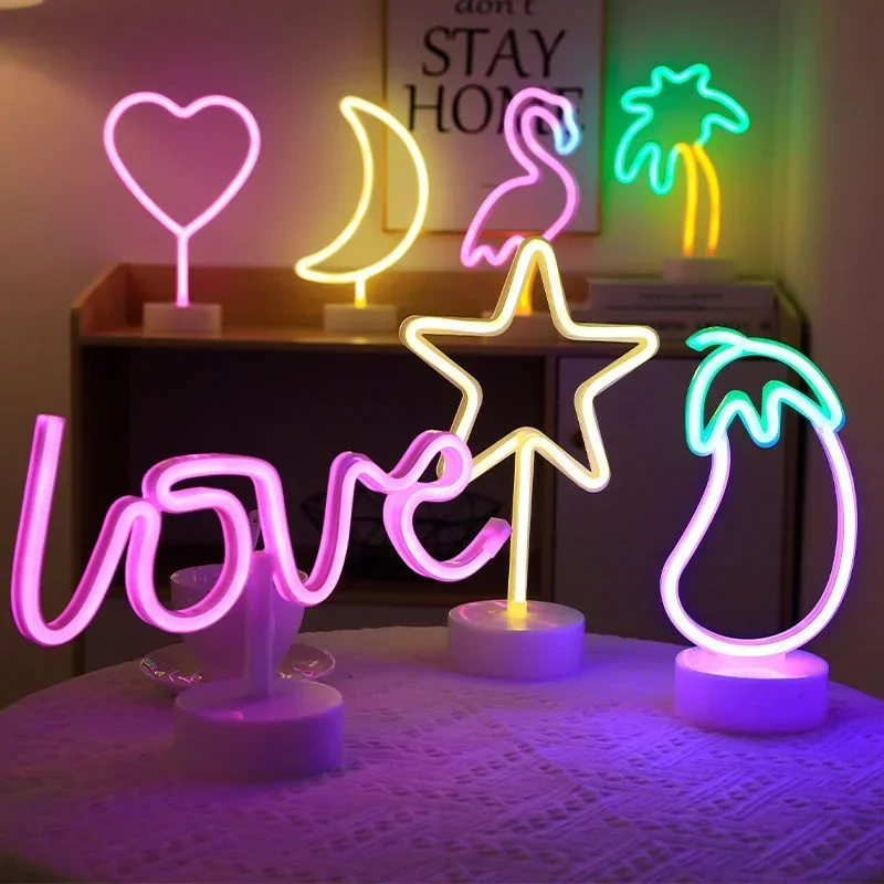 USB وبطارية إمدادات الطاقة مصباح النيون LED ضوء الليل تسجيل فلامنغو شجرة جوز الهند الصبار الجدول مصباح هدية عيد ميلاد غرفة الديكور #6