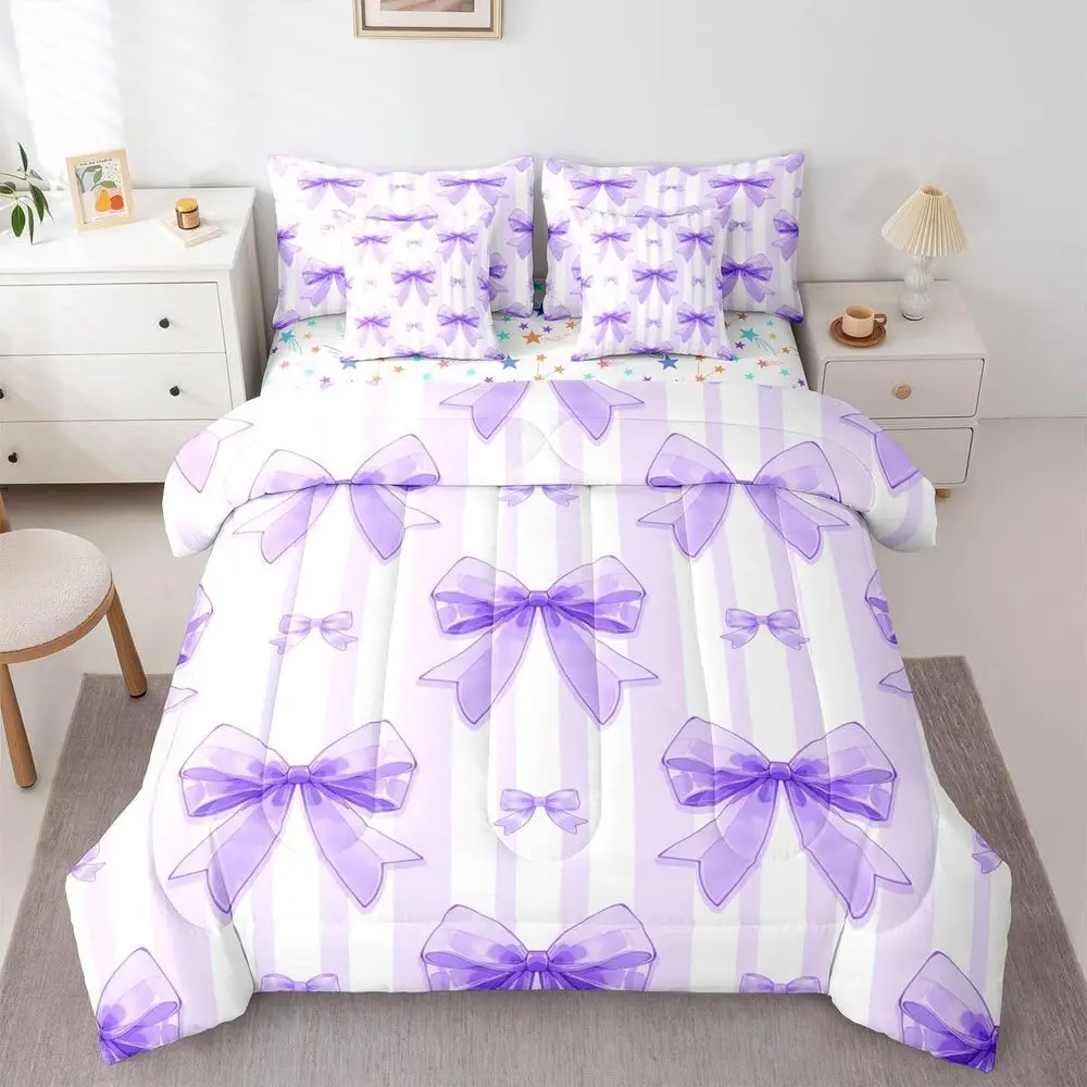 

7-Piece Dreamy Bow Knot Bedding Set for Girls: Cute Bows and Kawaii Geometric Bow Tie Bedding