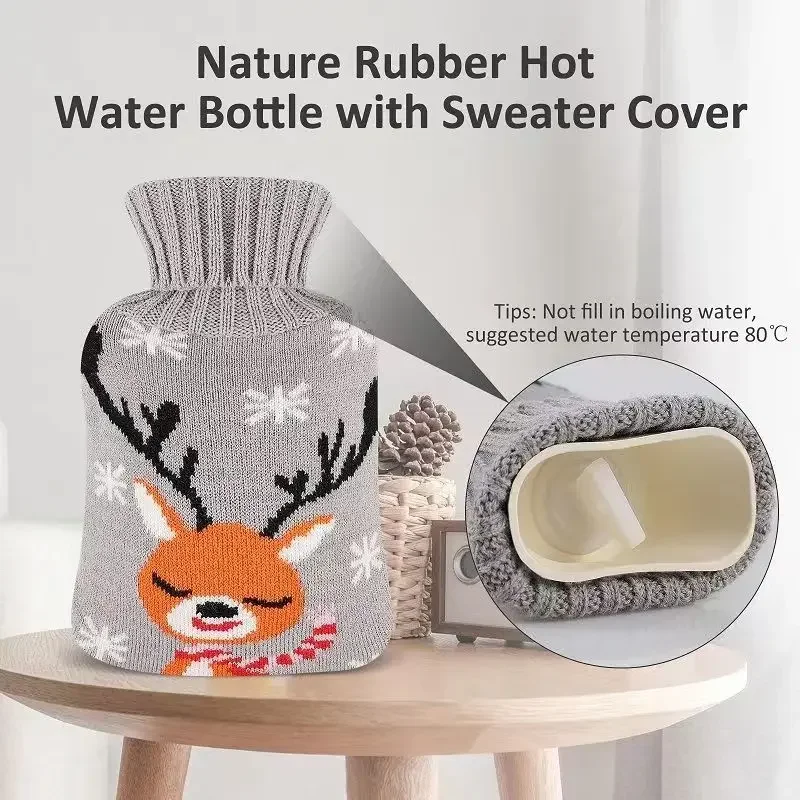 Cartoon Hot Water Bottle with Cover ,Heat Warm Keeping, Coldproof, Removable, Christmas Gift for Child,0.5 L, 1L