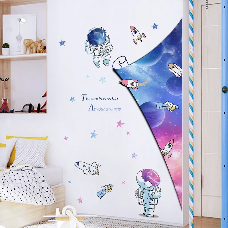 Cartoon Wall Stickers Starry Sky Astronaut For Kids Rooms Home Child Bedroom Wall Decor Self Adhesive Vinyl Sticker Wallpapers
