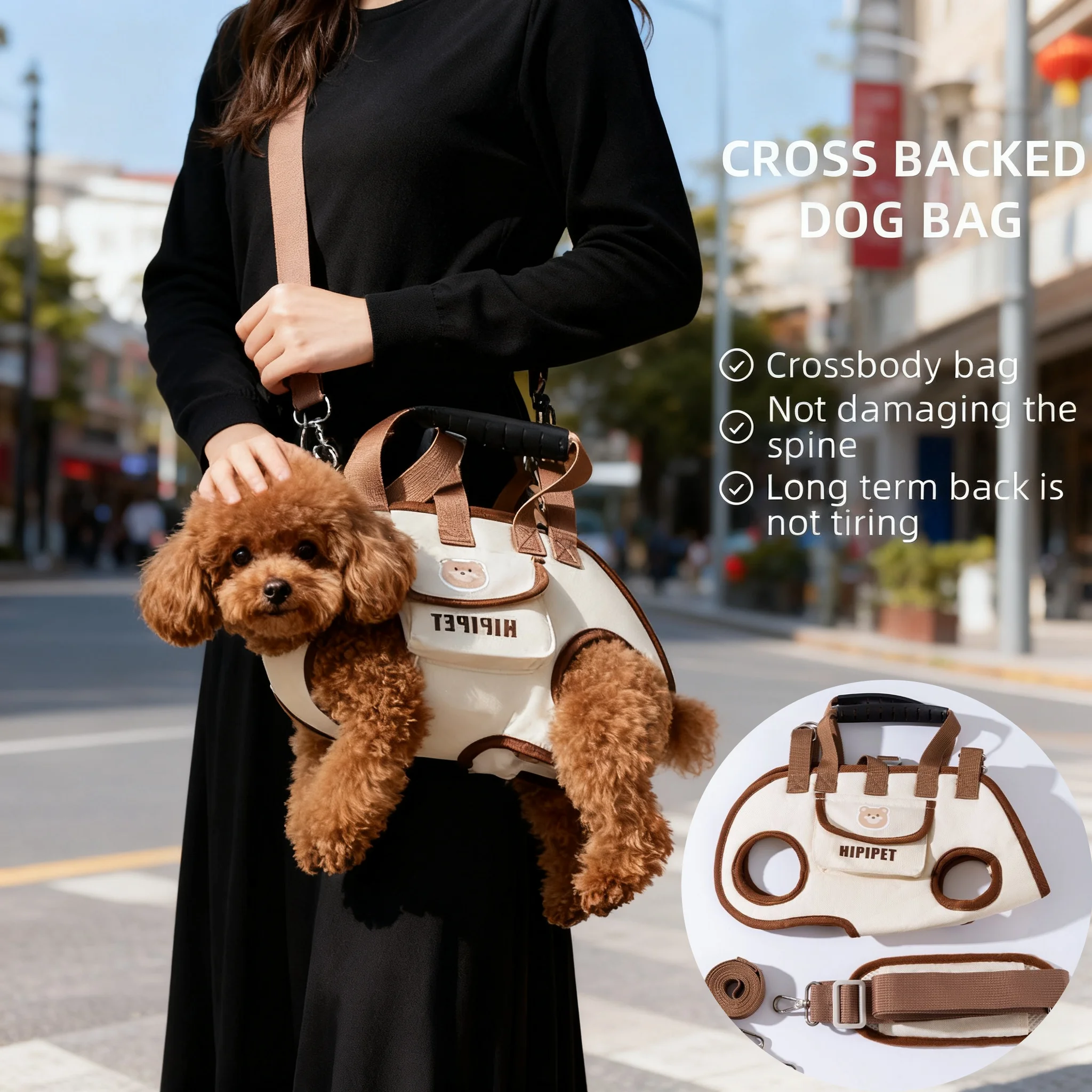 حقيبة ظهر أفقية محمولة للكلاب مع حزام كروس قابل للتنفس ومقبض كتف واحد حقيبة زعيم الحيوانات الأليفة للسفر المريح