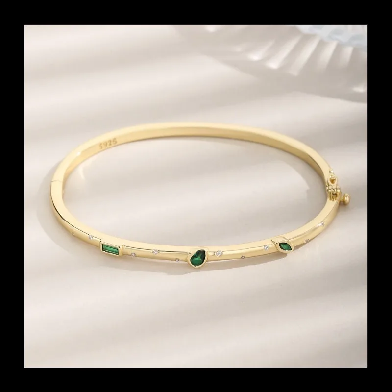 

Ins Accessories S925 Silver Personalized Green Gemstone Simple Jewelry Fashion Popular Silver Bracelet