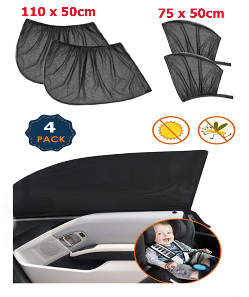 4pcs Car Front&Rear Side Window Sun Visor Shade Mesh Cover insulation anti-mosquito Fabric Shield UV Protector Sunshade Curtain