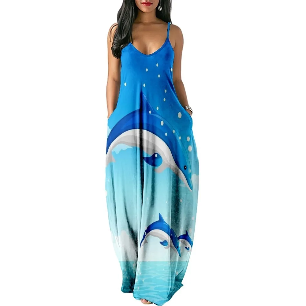 

Casual Dresses Women Cute Dolphin Print Dress Girls Gothic Sleeveless Party Dress Fashion Beach Sundress Female Pocket Vestido