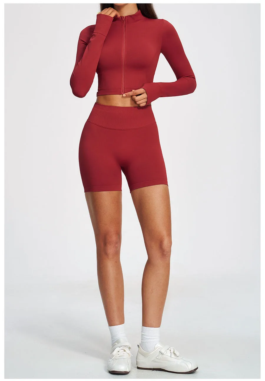Neues 2-teiliges Yoga-Set, nahtloses Sportoutfit, Damen-Trainingsanzug, Lauf- und Workout-Kleidung, langärmelig, mit Reißverschluss, Sportbekleidung – Detail 4