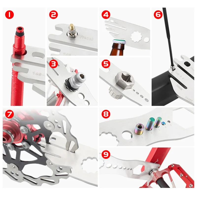 MUQZI 9-in-1 Bike Multi-tool Disk Brake Rotor Alignment Truing Tool Pedal Removal Valve Core Repair Spoke Cassette Wrench