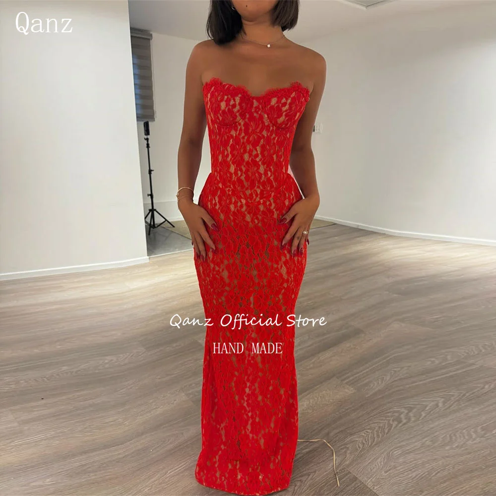 Qanz Red Lace Appliques Robes De Soirée Sweethert Sleevelss Sirena Abiti da ballo Corsetto Indietro Abiti da sera Donna Personalizzati